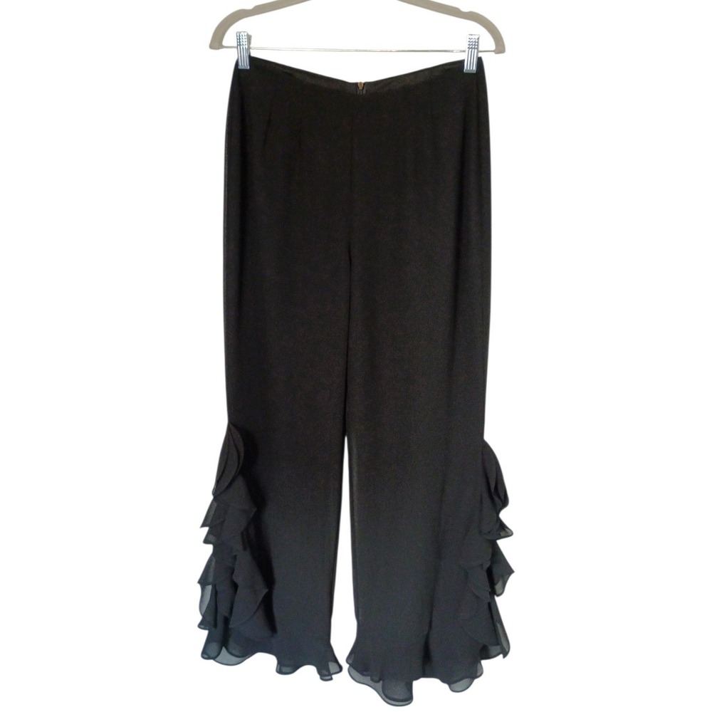 Vintage Black Chiffon Wide Leg Pants Tiered Ruffle Hem Evening Trousers